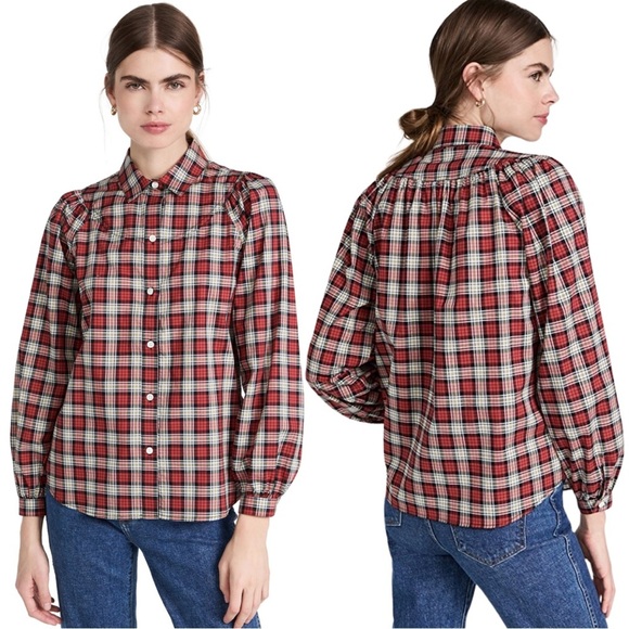 ALEX MILL Janelle Poplin Long Sleeve Blouse in Red Tartan Checkered Plaid Medium - Picture 1 of 11